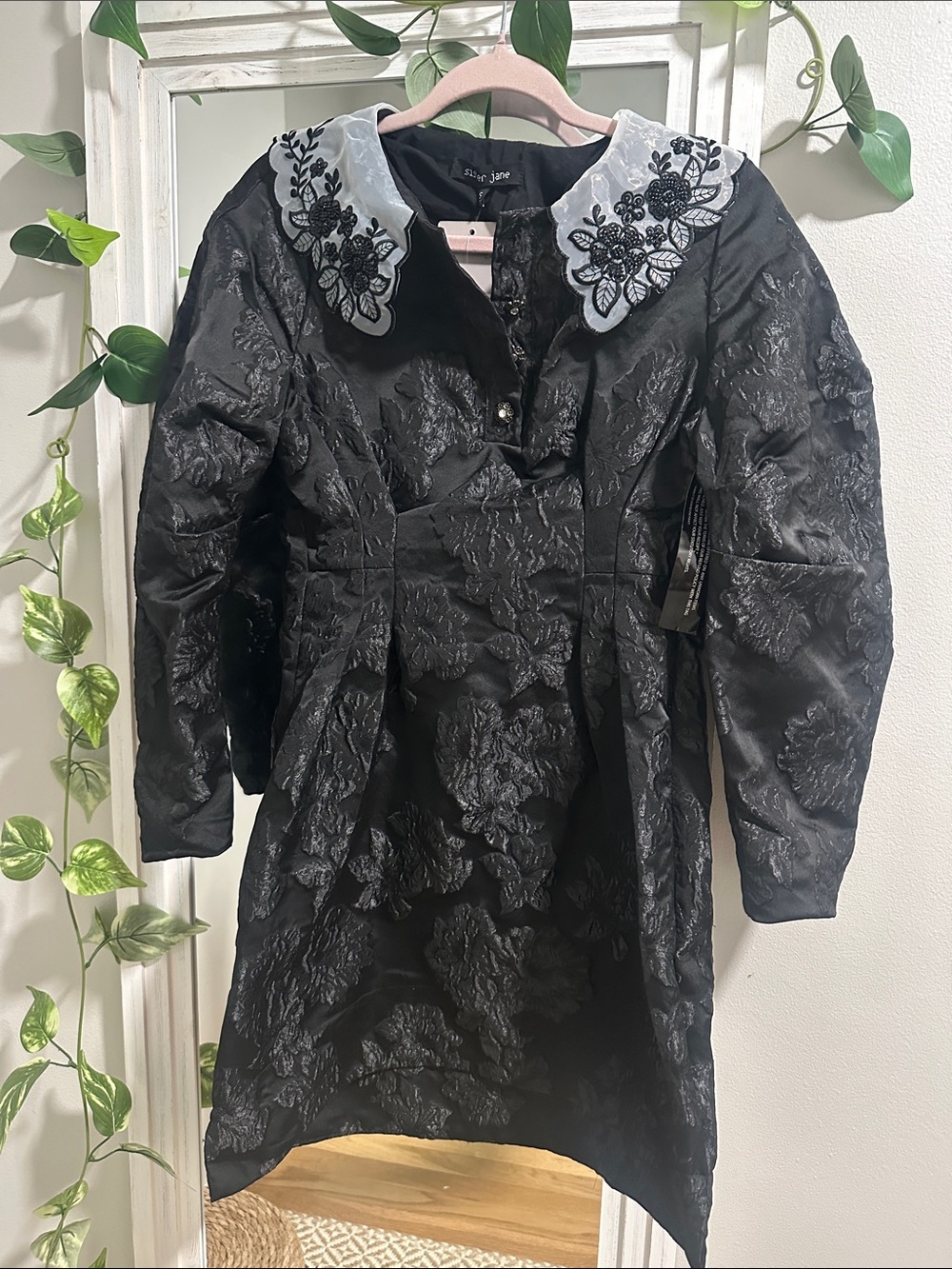 Sister Jane Black Jacquard Dress with Embroidered White Beaded Collar